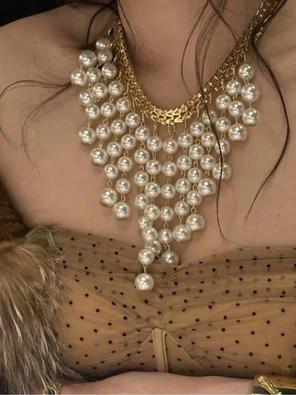 Pearl Fringe Statement Necklace Gold Tone Cascading Bib Necklace